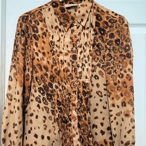 Vintage Y2K Apostrophe Leopard  Print Button Up Flare Sleeve Blouse Sz 14 Boho